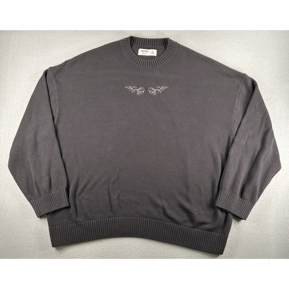 Hollister Mens Boxy Fit Knit Sweater XXL 2Xl Embroidered Y2K Style Black